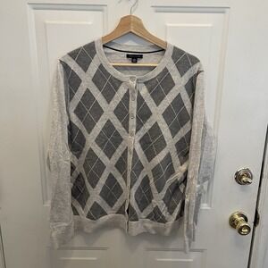 Tommy Hilfiger Gray Argyle Long Sleeve Cotton Cardigan Womens XL Preppy Academia